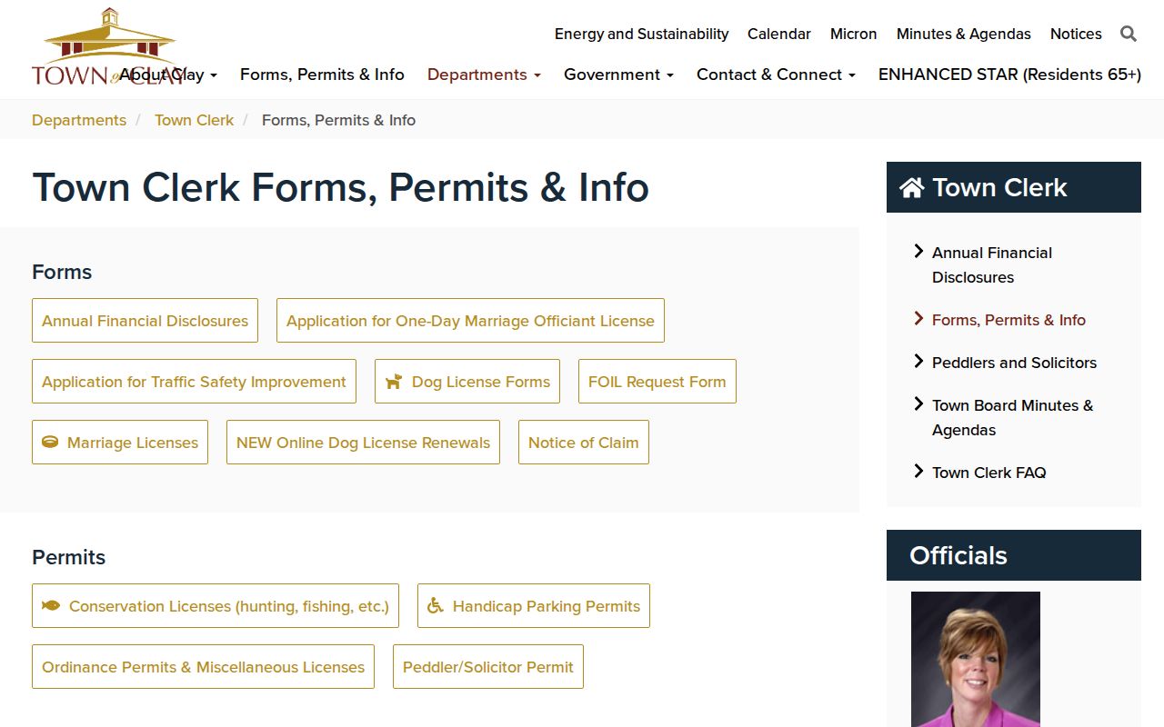 Clay residents directory Town Clerk FOIL request and forms route
